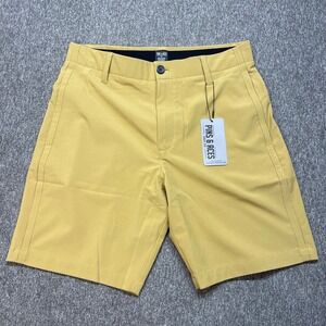 PINS & ACES Performance Shorts Mens Golf Shorts Yellow 32 Flat Front Stretch